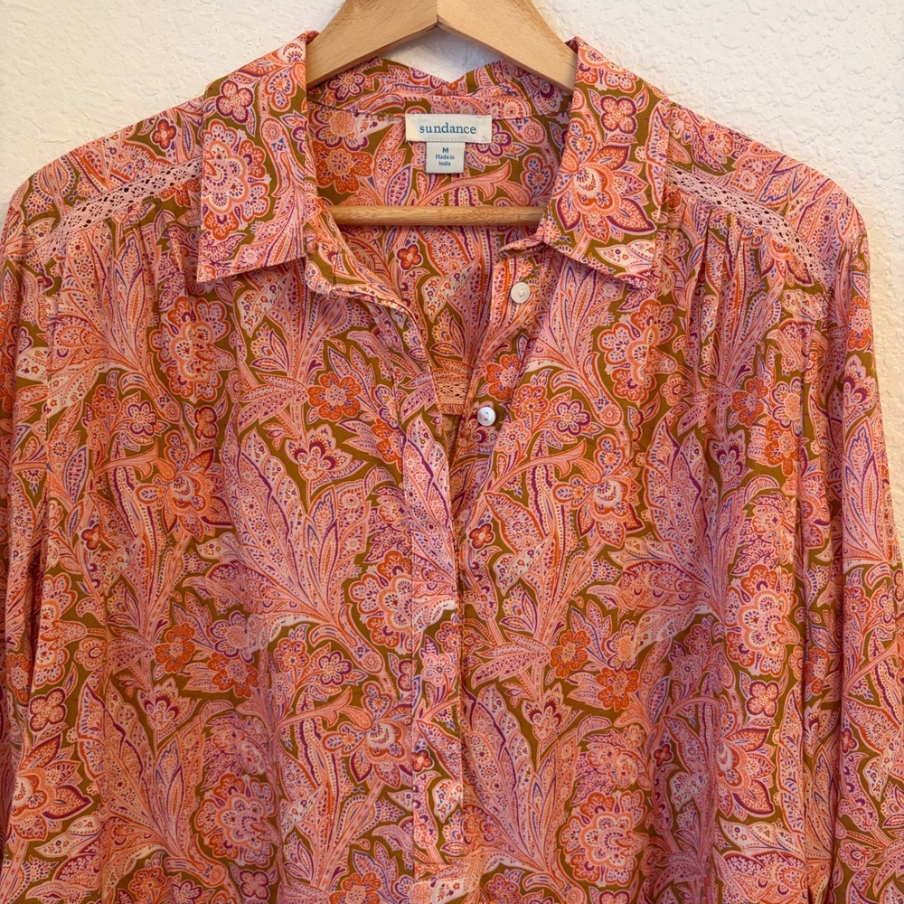 Sundance Popover Top Blouse M Cotton Lawn Paisley Floral Lace Trim Boho Summer - Picture 3 of 11
